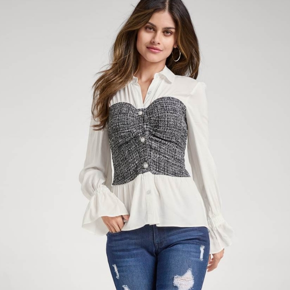 Womans Tweed Bustier Blouse with Pearl Detail Buttons - Picture 2 of 7